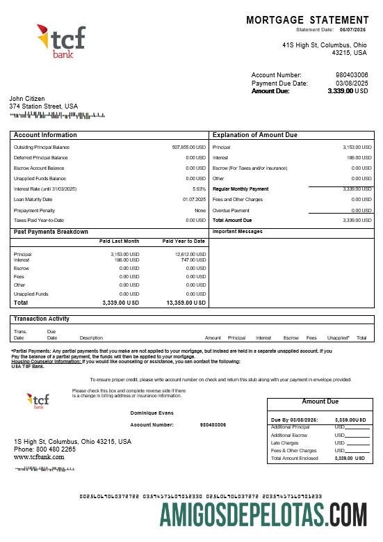 Extrato de hipoteca do banco TCF dos EUA em formatos Word e PDF exemplo real